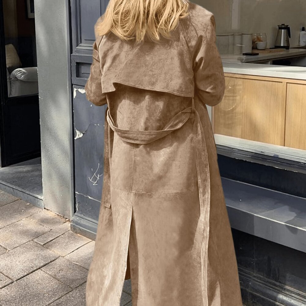 Khaki Elegant Women's Long Faux Suede Double Breasted Trench Coat with Belt - Picture 2 of 6